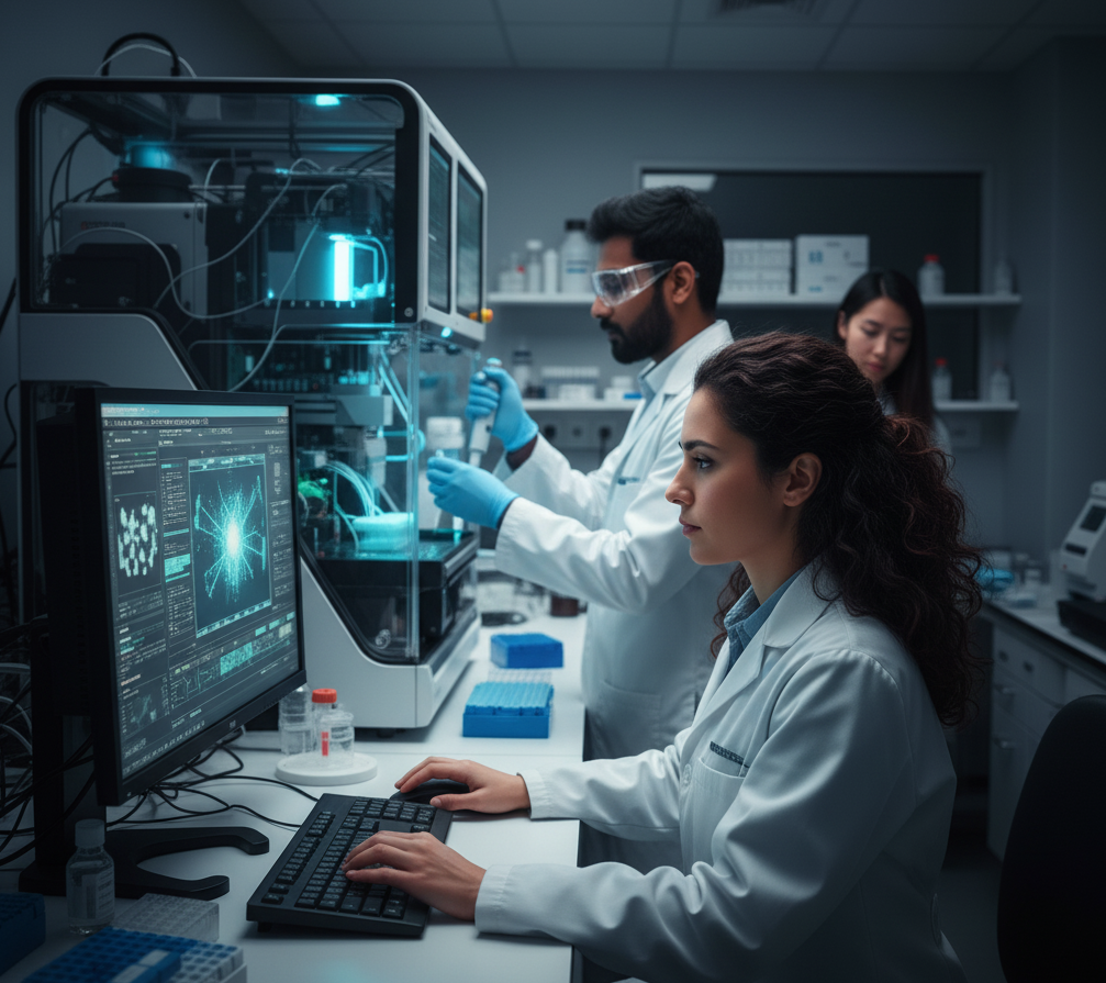 Two scientists collaborating in a modern laboratory