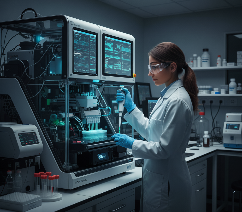 Scientist analyzing genetic data on a sequencing machine